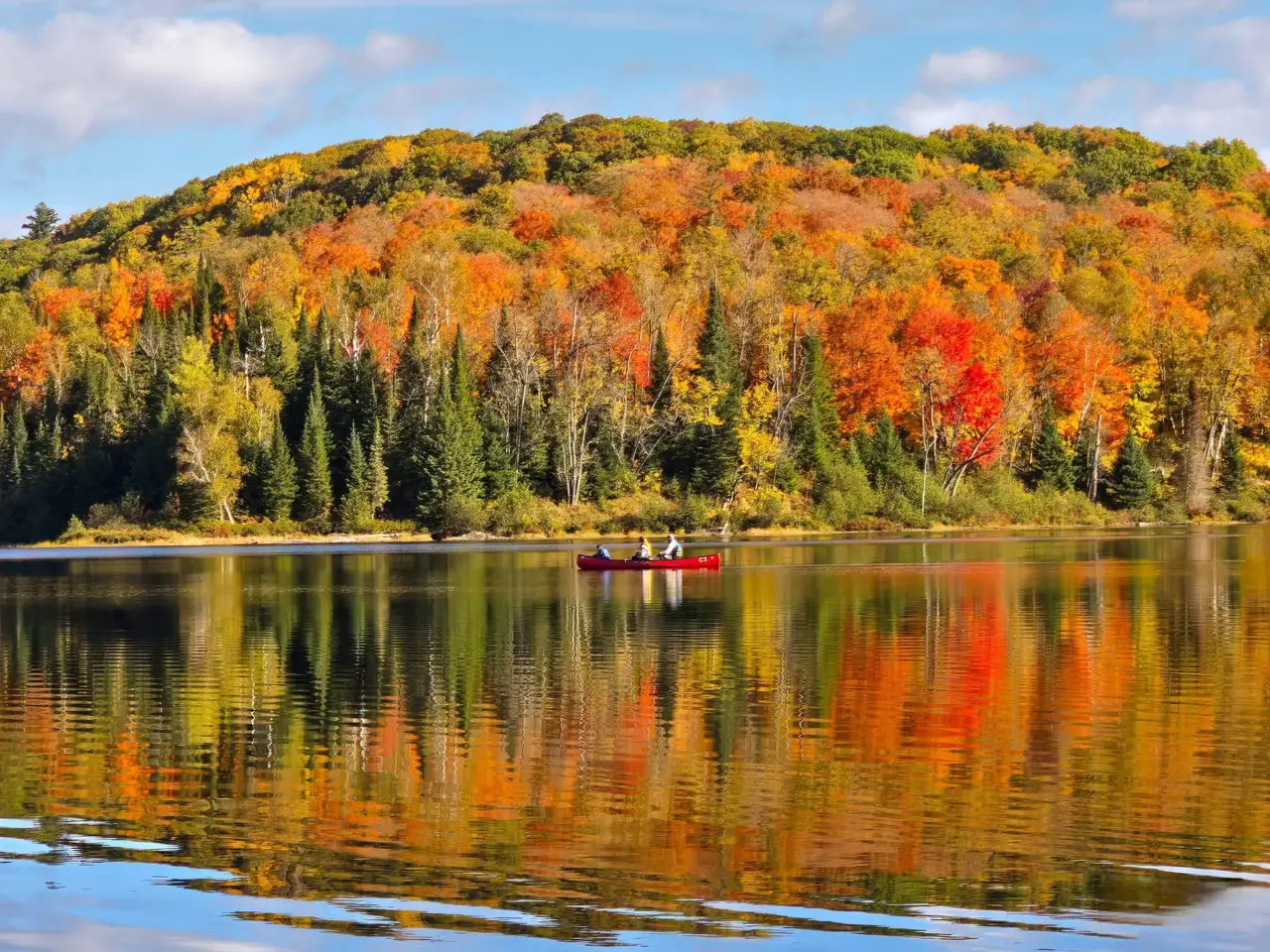 A red canoe passing autumn woodland reflected in a lake