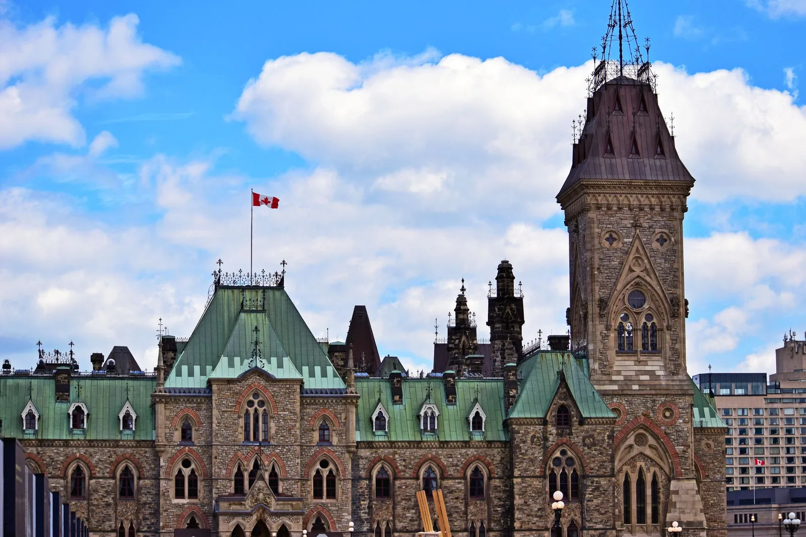 East Block of Parliament Hill under a blue sky in Ottawa, Canada